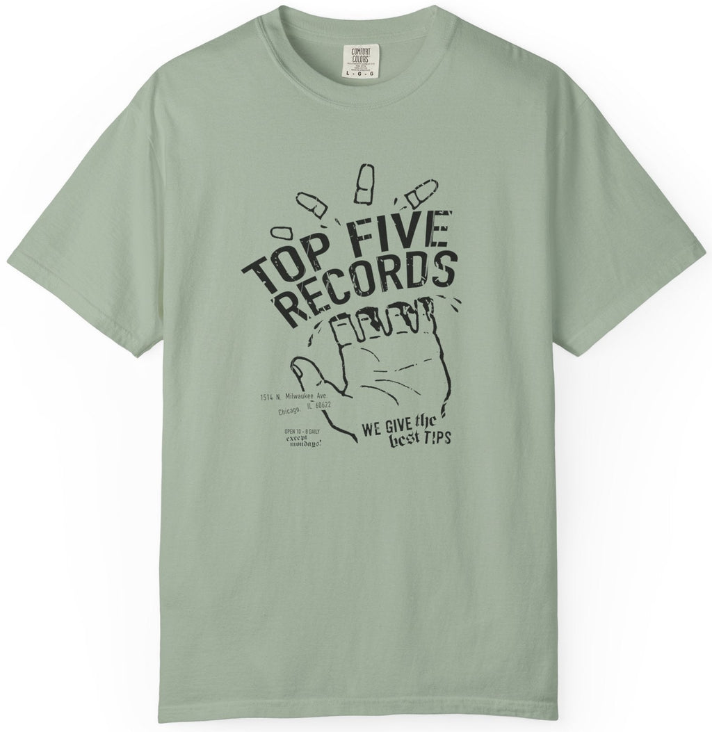 Light green t-shirt with 'Top Five Records' graphic on a white background
