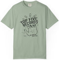 Light green t-shirt with 'Top Five Records' graphic on a white background