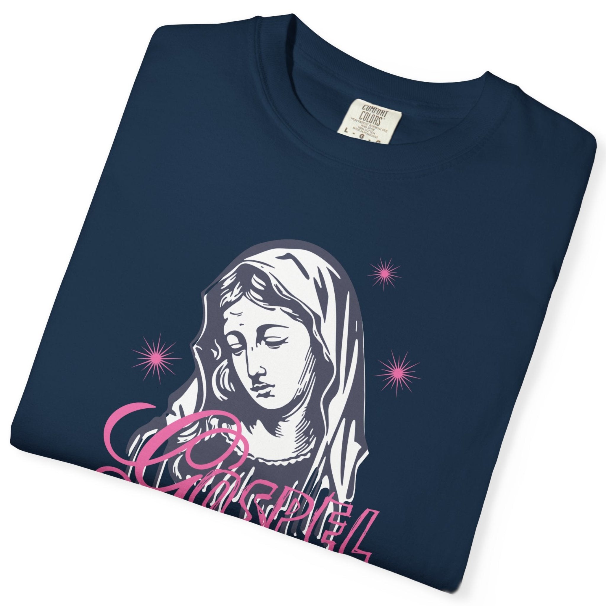 Folded navy blue t-shirt with a graphic of a hooded figure and 'Goddess' text on a white background