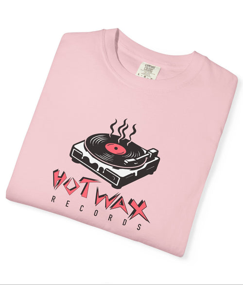 Pink t-shirt with 'Hot Wax Records' graphic on a white background