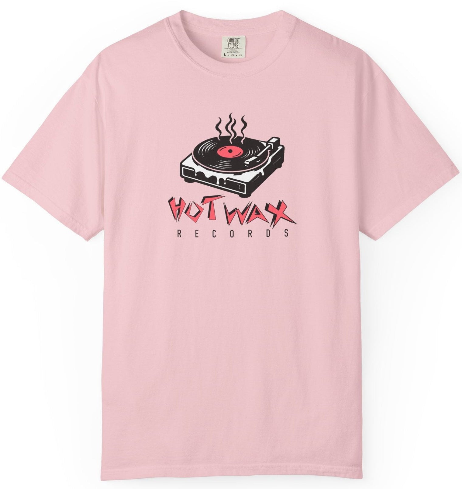 Pink t-shirt with 'Hot Wax Records' graphic on a white background