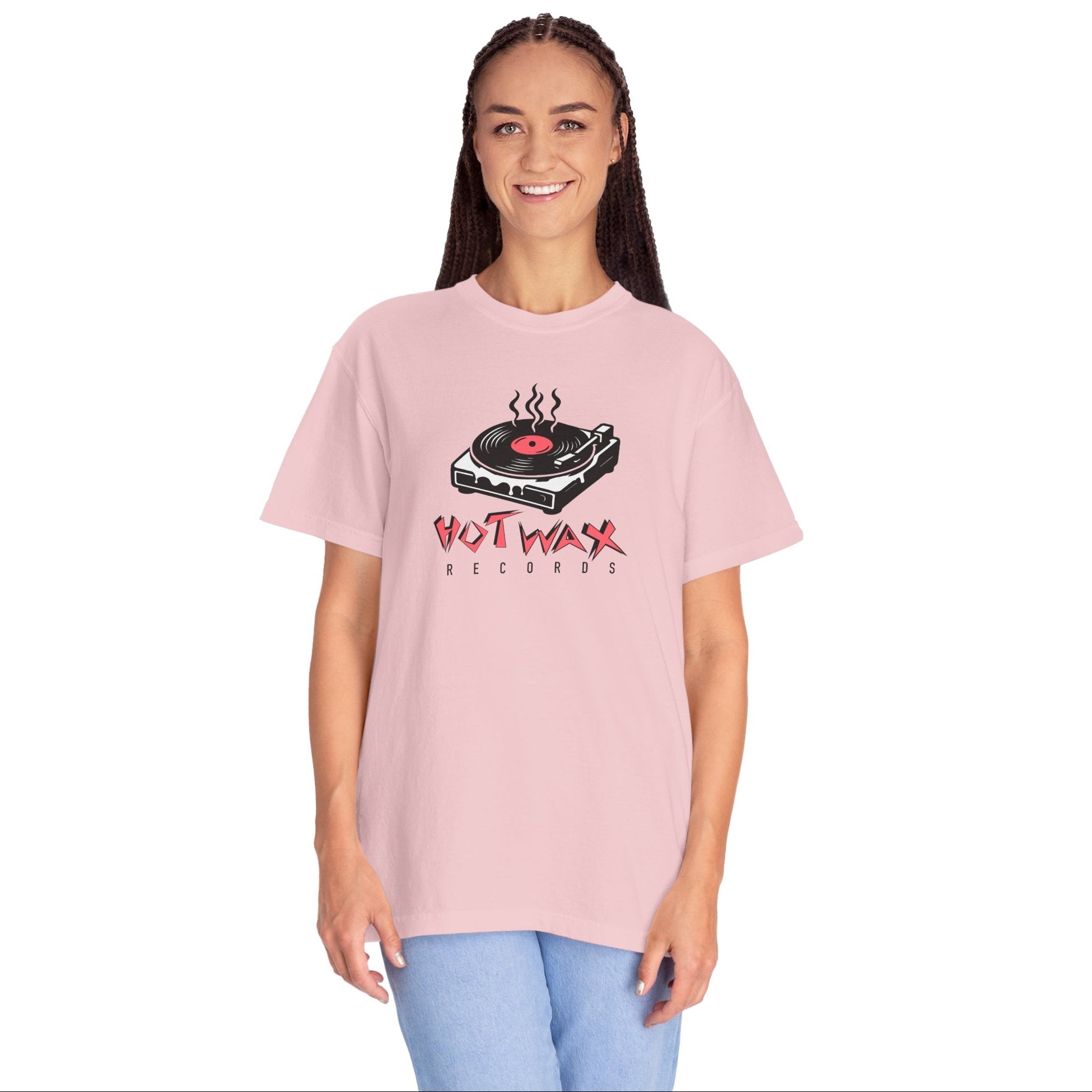 Person wearing a pink t-shirt with a record player graphic and 'Hot Wax Records' text on a white background