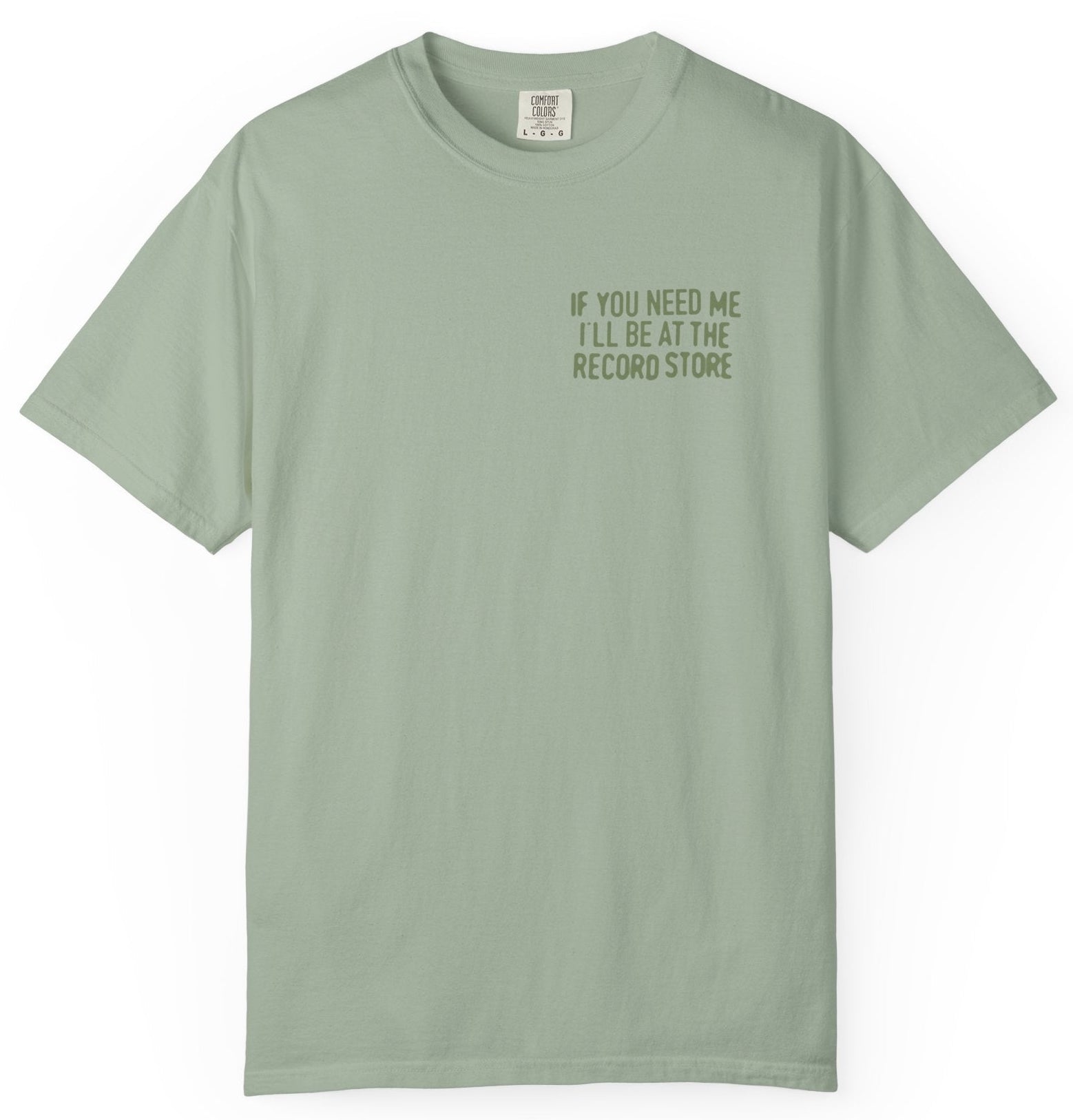 Light green t-shirt with text on a white background