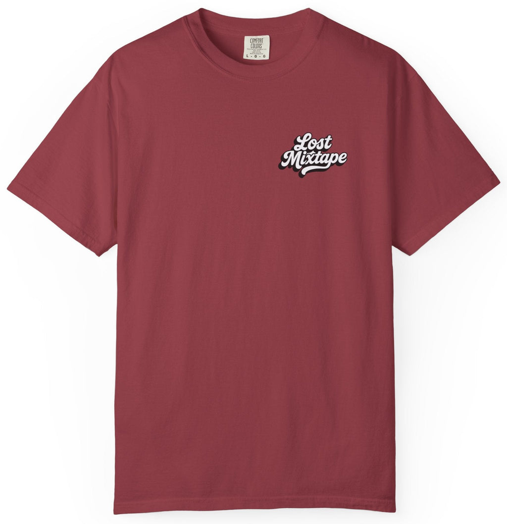Maroon t-shirt with 'Lost Mixtape' logo on a white background