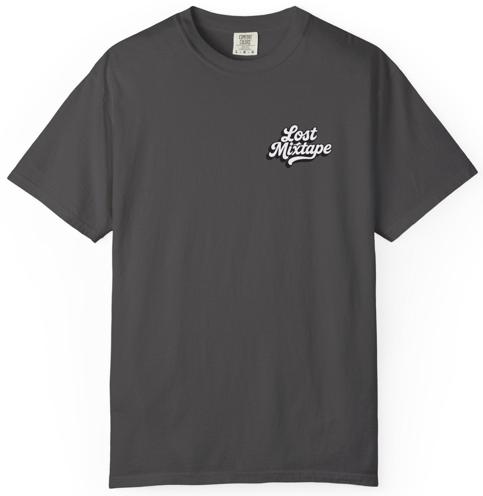 Gray t-shirt with 'Lost Mixtape' logo on a white background