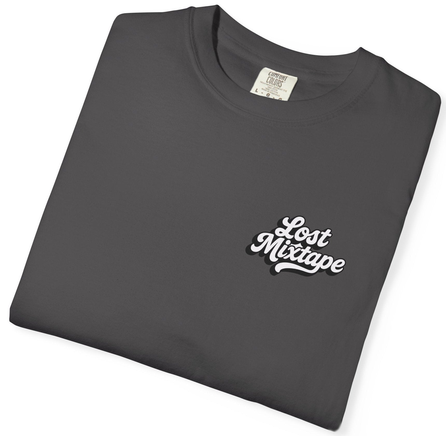 Folded dark gray t-shirt with 'Lost Mixtape' text on a white background