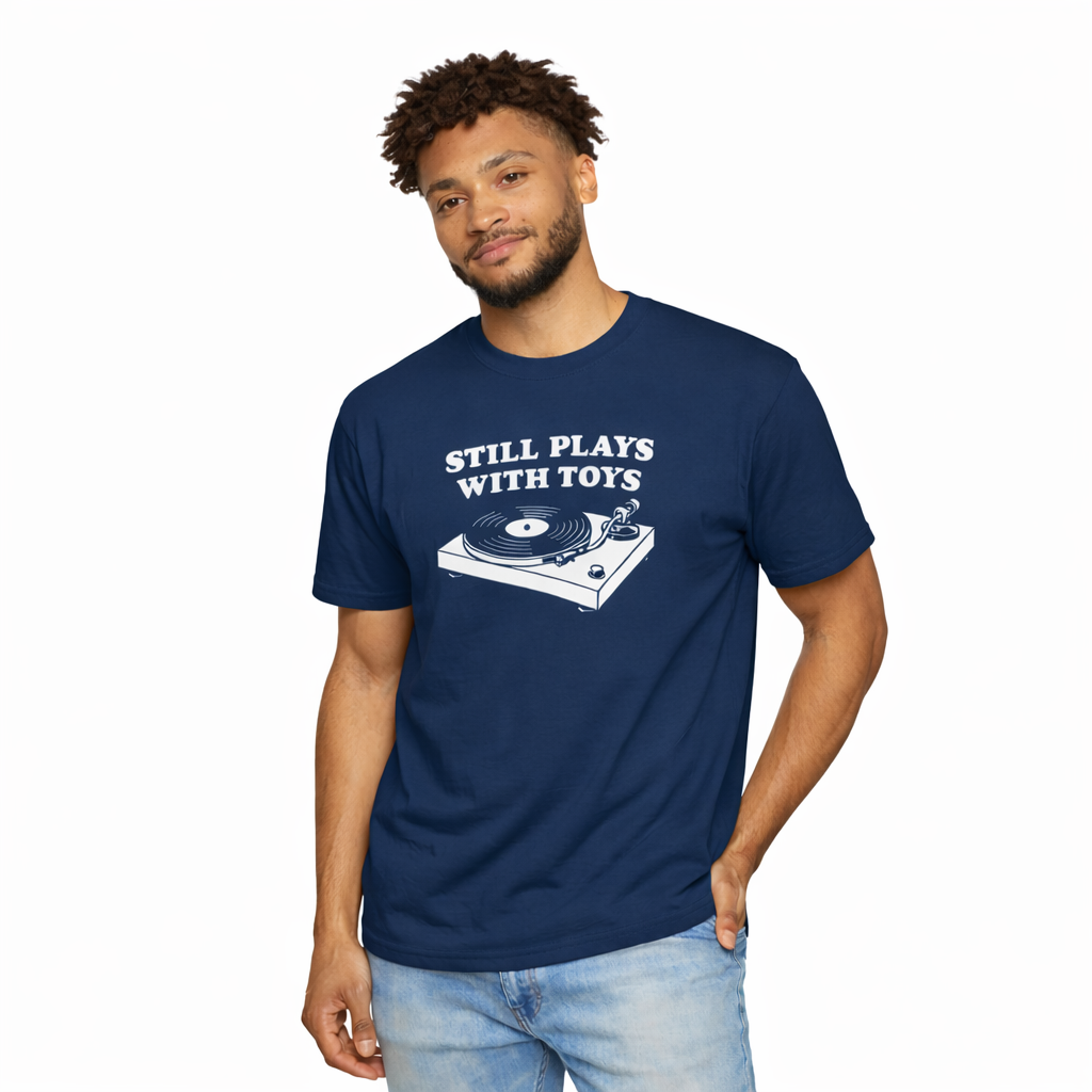 Man wearing a navy blue t-shirt with a graphic and text on a white background