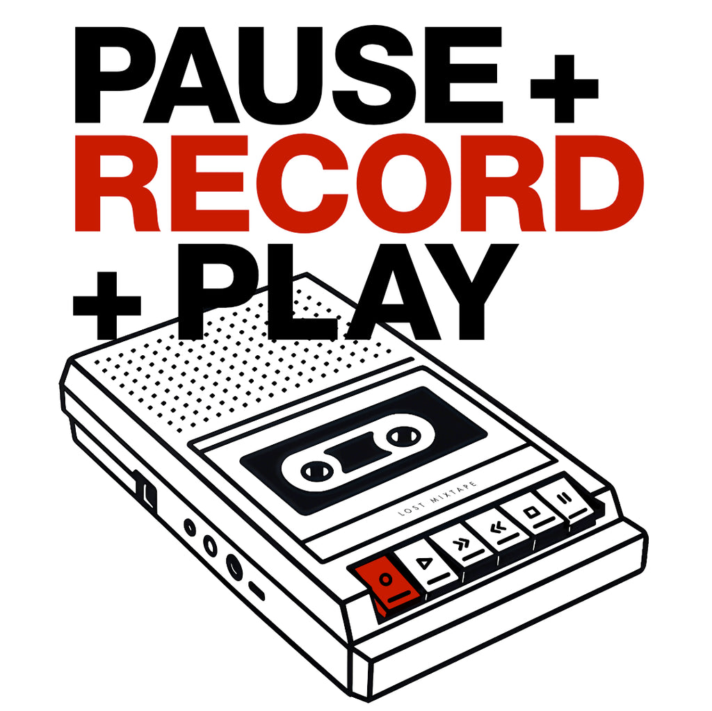 Illustration of a cassette tape with 'Pause + Record + Play' text on a white background