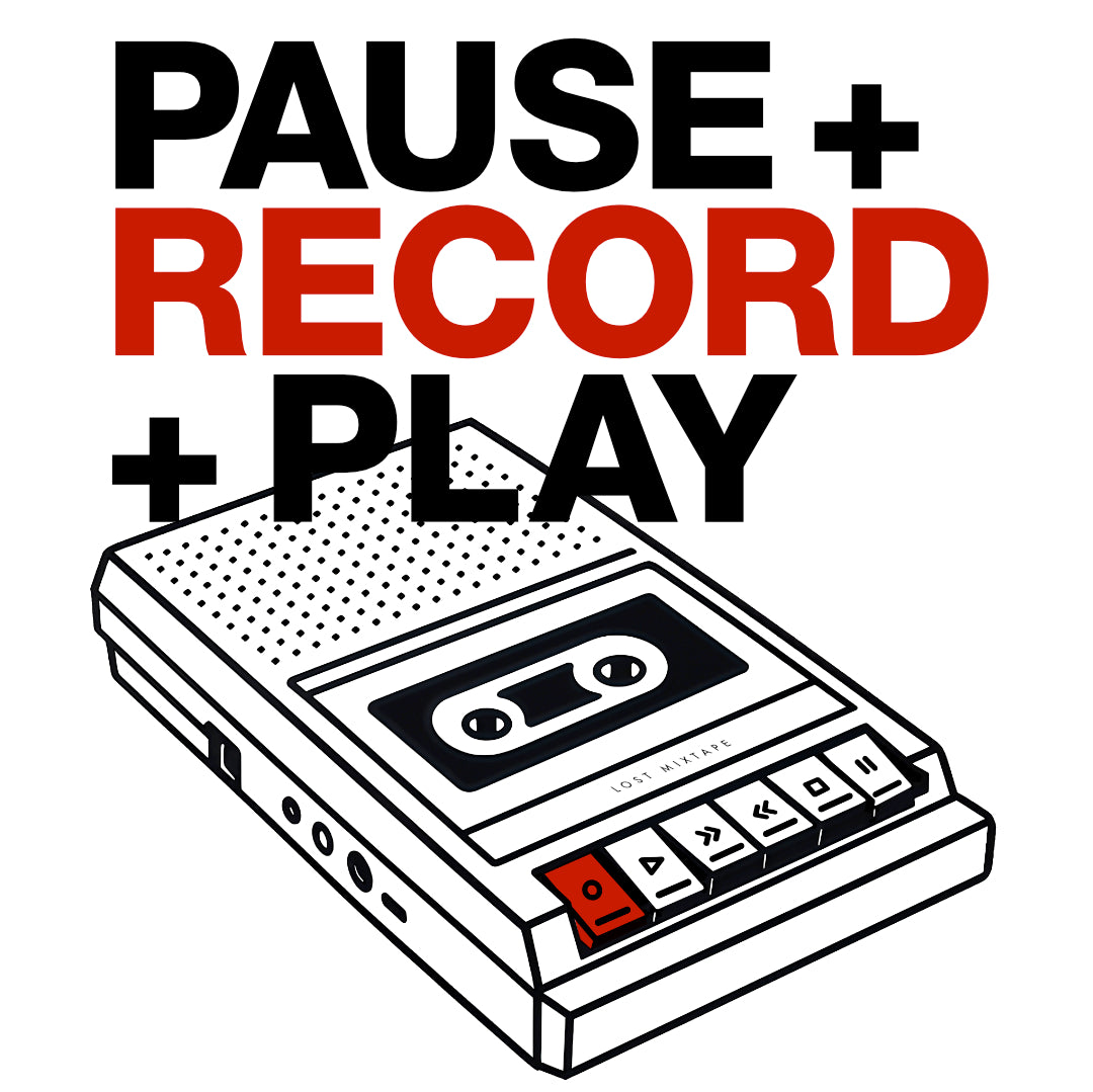 Illustration of a cassette tape with 'Pause + Record + Play' text on a white background
