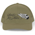 Khaki cap with 'Smiles for Miles' text and winged vinyl record design on a white background