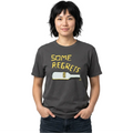 adult woman wearing a dark gray t-shirt with yellow text and a bottle graphic on a white background
