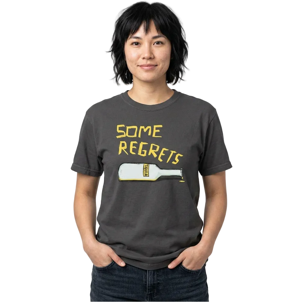 adult woman wearing a dark gray t-shirt with yellow text and a bottle graphic on a white background