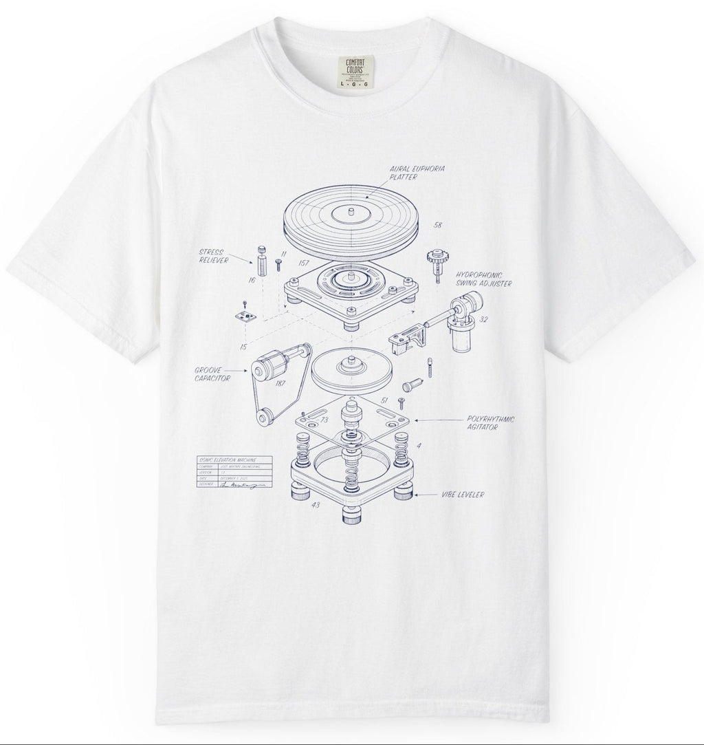 White t-shirt with technical diagram on a white background