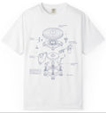 White t-shirt with technical diagram on a white background