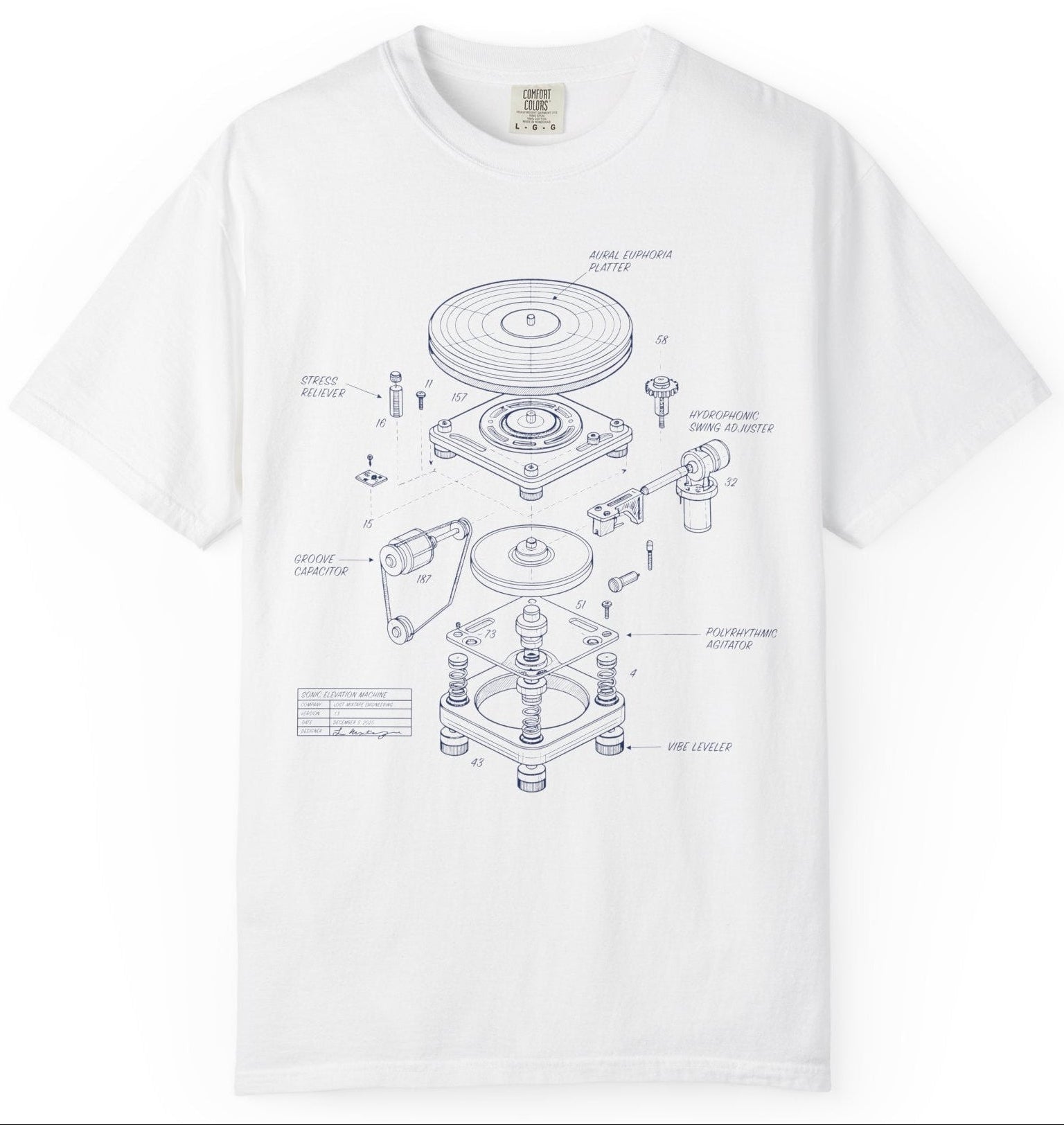 White t-shirt with technical diagram on a white background