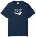 Navy blue t-shirt with a graphic of a turntable and text 'Still Plays With Toys' on a white background